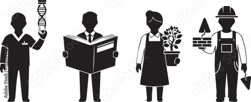 Four professions illustrated with symbolic icons