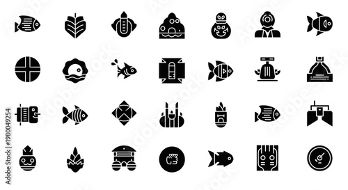 Collection of diverse black icons representing marine life and equipment