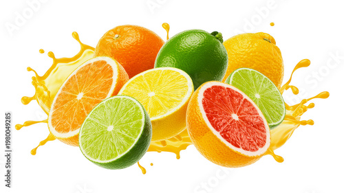 Mixed citrus fruits with yellow juice splash isolated on transparent background for beverage packaging