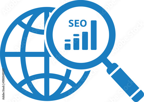 Global search engine optimization concept with magnifying glass over world globe and bar chart icon.