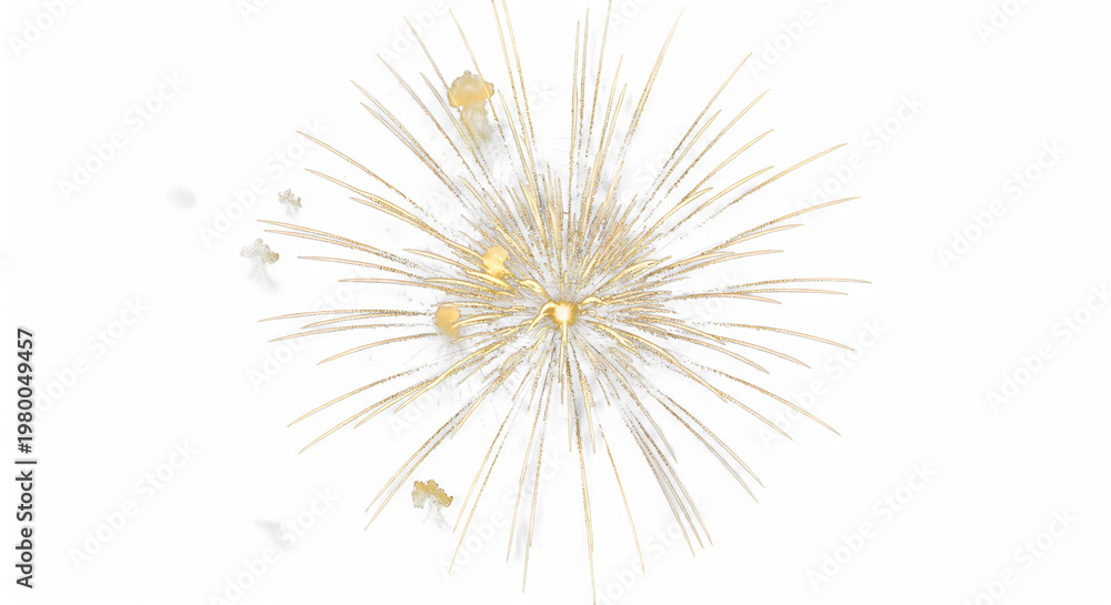 Fototapeta premium Golden sparkling firework exploding in the air with sparks and smoke particles around it transparent background