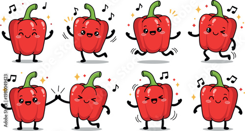 Cute red chili pepper characters dancing with musical notes cartoon style vector illustration isolated on white background