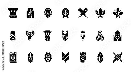 Collection of tribal and cultural icons representing masks and symbols