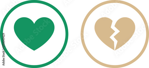 Green solid heart and beige broken heart icons representing love and heartbreak within round frames