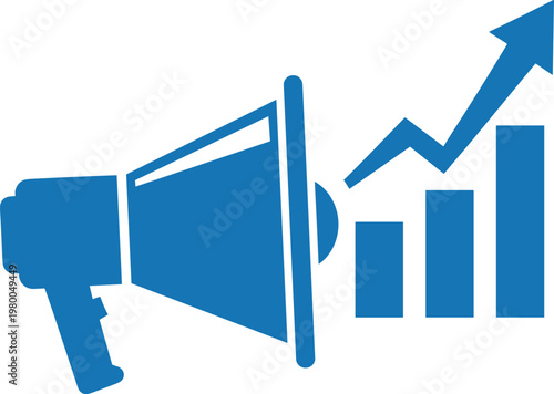 Marketing campaign growth blue megaphone icon with financial rising chart and arrow on transparent.