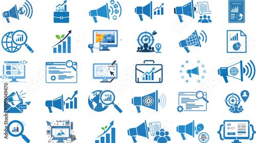 Marketing and business analytics icon set featuring megaphones web data and growth charts concepts.