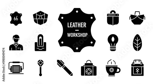 Leather workshop icons set for craft and design projects