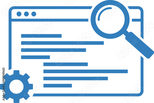Search engine optimization seo concept web page with magnifying glass and gear icon on transparent.