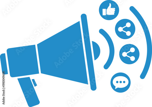 Social media marketing megaphone with like share and comment bubble engagement icons blue vector sign.
