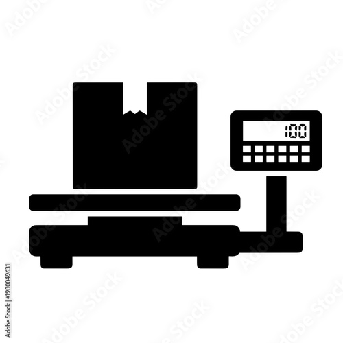Weighing parcel on digital scale in warehouse logistics icon black and white