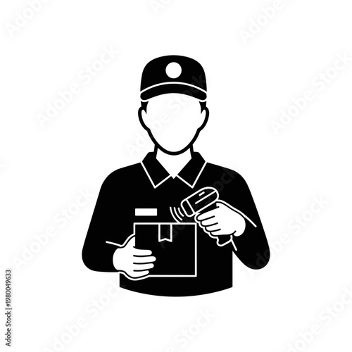 Courier scanning parcel with handheld barcode reader icon black and white