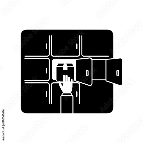 Parcel locker system with hand retrieving package from smart box icon black and white