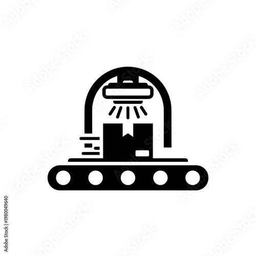 Warehouse conveyor inspection with overhead scanner logistics icon black and white