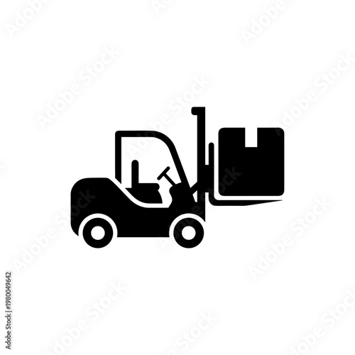 Forklift carrying cargo boxes in warehouse logistics icon black and white