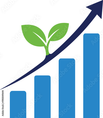Sustainable business growth chart with green sprout plant and blue bars representing organic success.