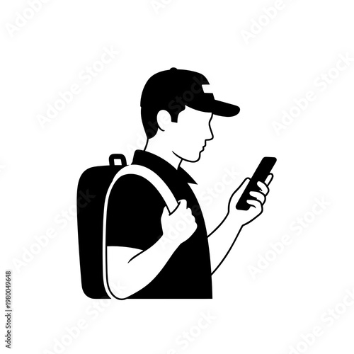 Courier using mobile app for delivery tracking with backpack icon black and white