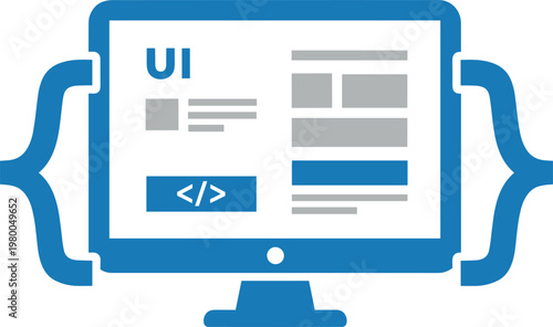 Software development concept illustration showing code brackets and computer monitor with user interface.