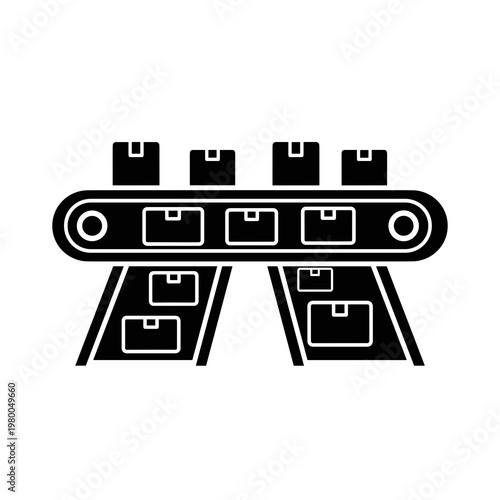 Conveyor belt with parcels in warehouse logistics system icon black and white