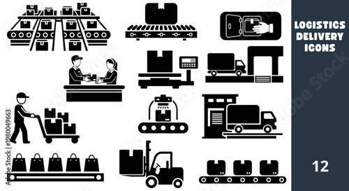 Warehouse logistics delivery icons set of 12 solid black and white shipping symbols