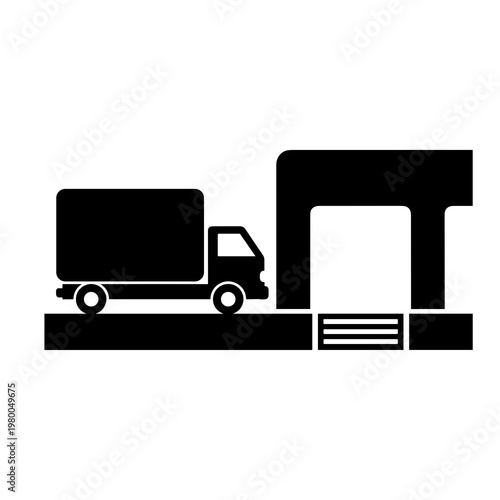 Delivery truck at warehouse loading platform logistics icon black and white