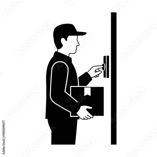 Courier delivering parcel and ringing doorbell at doorstep icon black and white