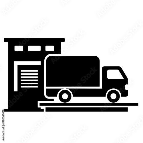 Delivery truck at warehouse loading dock icon black and white