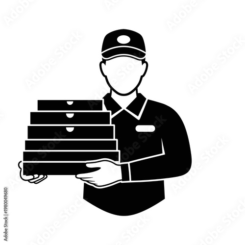 Courier carrying stacked packages in delivery service icon black and white