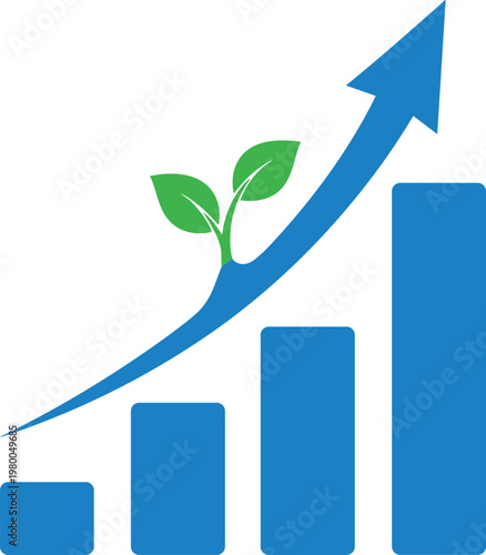 Sustainable business growth concept green sprout on arrow rising over bar chart progress.