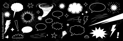 Comic book sound effects and explosion clouds create a dynamic visual impact for artistic projects needing high energy elements or stylized action sequences for various graphic design compositions.
