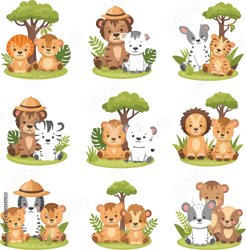Photography Cute safari animals collection with lion, elephant, giraffe, monkey and zebra in