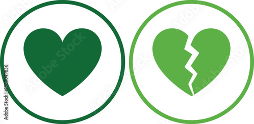 Two circular icons displaying a solid green heart and a fragmented light green broken heart symbol