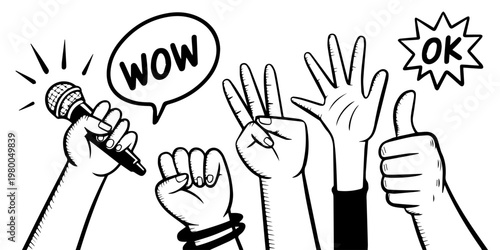 Hands displayed with a microphone and various expressive gestures create a dynamic composition that emphasizes communication, public speaking, and enthusiastic engagement in a modern social.