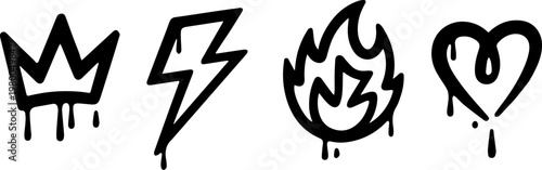 Icons including a crown, lightning bolt, flame, and heart are rendered in a black spray paint style with dripping edges to provide artistic flair for creative graphic design and media projects.