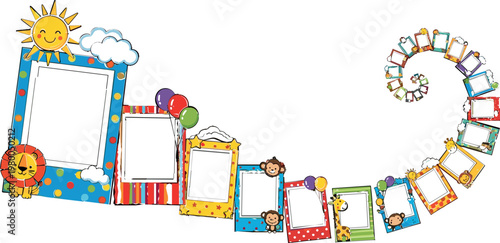 Cute kids photo frames spiral arrangement with sun clouds balloons and playful cartoon elements for children scrapbook birthday album and fun design templates