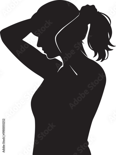 Woman tying her hair into a ponytail in silhouette with getting ready ponytail silhouette preparing athletic