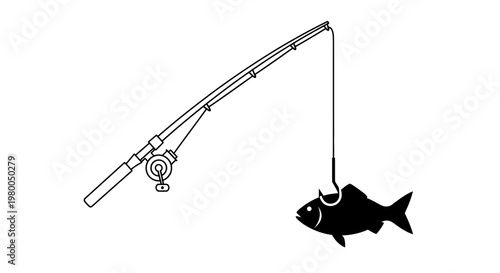 Fishing rod with a fish caught on the hook.