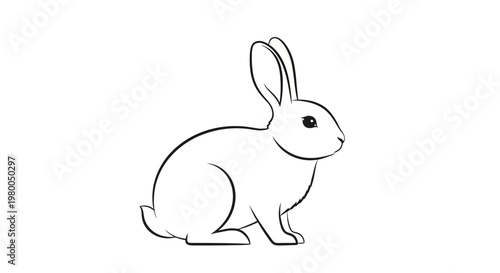 Simple Line Drawing of a Cute Rabbit Sitting and Looking to the Side.