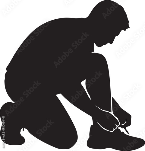 Man kneeling to tie shoelaces on his running shoe in silhouette with getting ready kneeling shoelaces silhouette