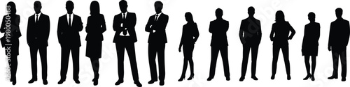 Business team silhouettes isolated on white background, confident corporate men and women standing in row, professional group, leadership, teamwork, success and collaboration concept