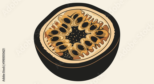 Vibrant cross section of a ripe passion fruit revealing its juicy pulp and seeds presented in a clean graphic style against a neutral background perfect for culinary and health