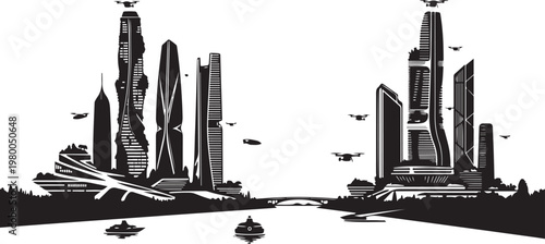 Futuristic cityscape, urban skyline, black and white illustration, vector cityscape, modern metropolis