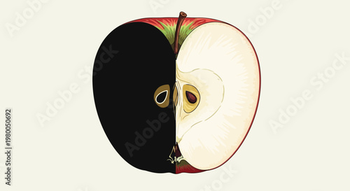 Abstract concept of duality represented by a halved apple with one side stark black and the other crisp white showcasing contrast and opposing forces against a neutral backdrop