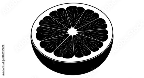 Stylized black and white graphic illustration of a single halved citrus fruit possibly an orange or grapefruit with distinct segments and rind isolated on a clean white background