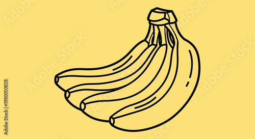 Hand drawn illustration of a bunch of ripe bananas with simple line art presented against a solid vibrant yellow background evoking a clean minimalist and organic feel suitable