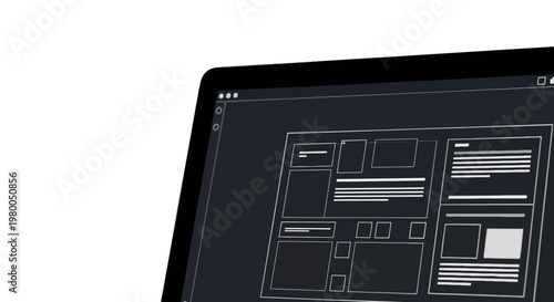 Modern laptop displaying a wireframe website user interface design blueprint on a dark screen with clean lines and minimalist layout symbolizing digital planning and development