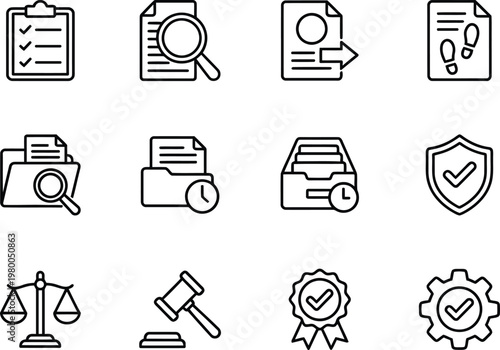 A collection of legal and business icons on a white background