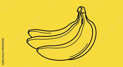 Simple line drawing of a bunch of ripe bananas with stems rendered in a minimalist style against a solid bright yellow background conveying a fresh and healthy concept