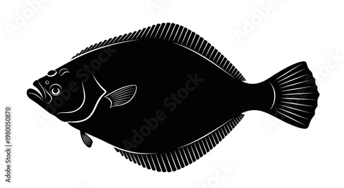 Stylized black silhouette of a flatfish possibly a flounder or sole viewed from the side against a stark white background showcasing its distinctive flattened body shape and fins