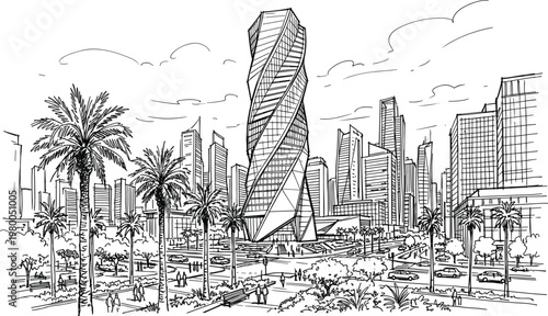 Futuristic twisted skyscraper in modern city with palm trees boulevard and urban landscape detailed architectural line illustration
