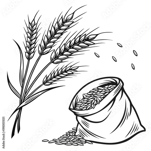 Black and white illustration of wheat grains spilling from a sack with wheat stalks